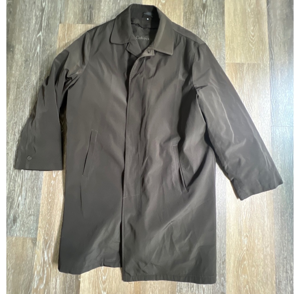 Calvin Klein Trench Coat Mens 44L Brown Long Sleeve Hidden Button Overcoat‎